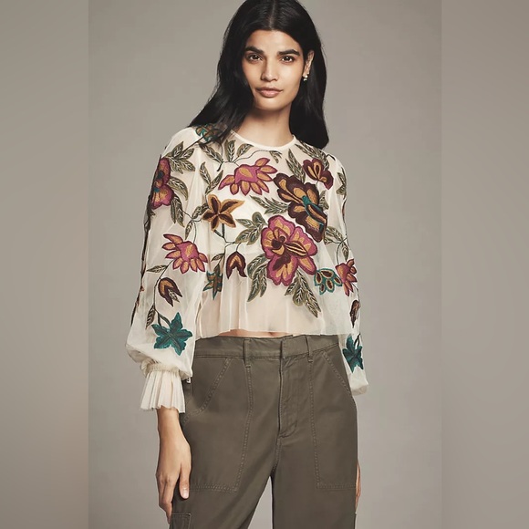 Anthropologie Tops - New Anthropologie The Layla Long-Sleeve Applique Embroidered Mesh Blouse sz M